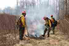 Three people in red hardhats, yellow button ups, green pants, and heavy boots surround a line of fire in dry brown grass.