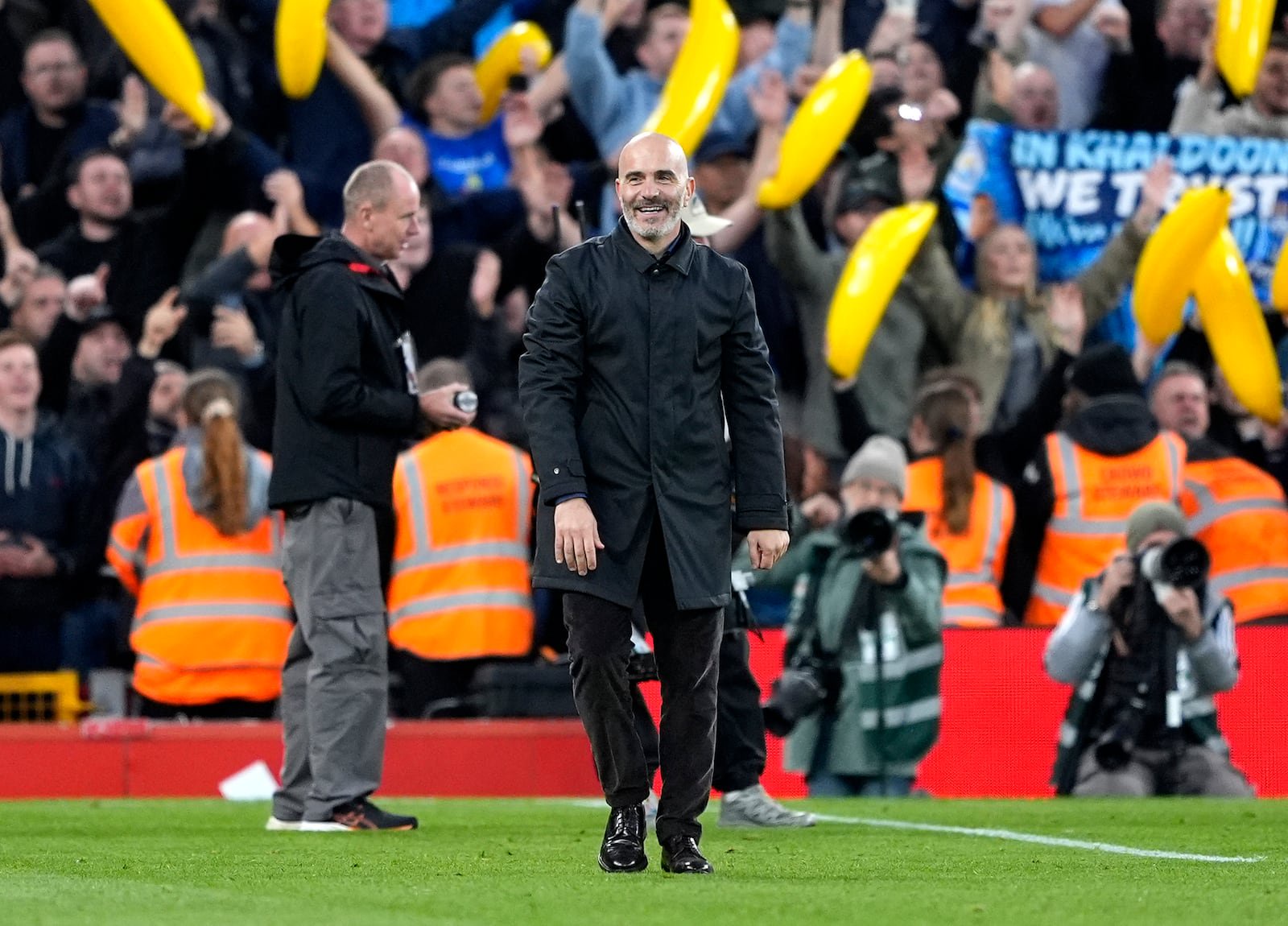 Manchester City manager Enzo Maresca celebrates victory after the final whistle following the Premier League match against Liverpool at Anfield. Photograph: Peter Byrne/PA Wire