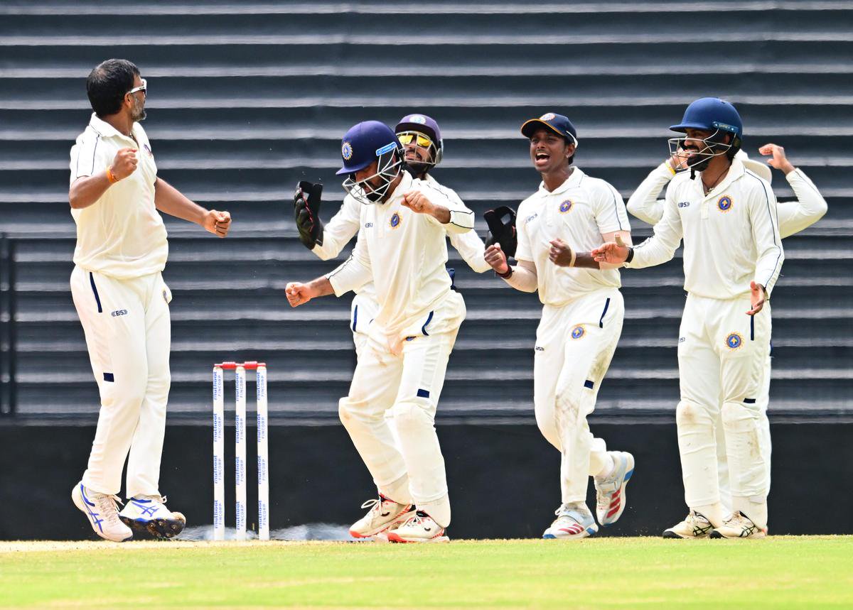 The Kerala team celebrates a Odisha wicket taken by Jalaj Saxena on day four of their Ranji Trophy cricket match at Greenfield International Cricket Stadium, in Thiruvananthapuram on Wednesday, October 21, 2026.