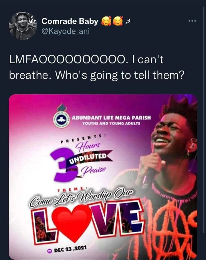 Nigerians to an RCCG youth program flier with gay singer Lil Nas X photo