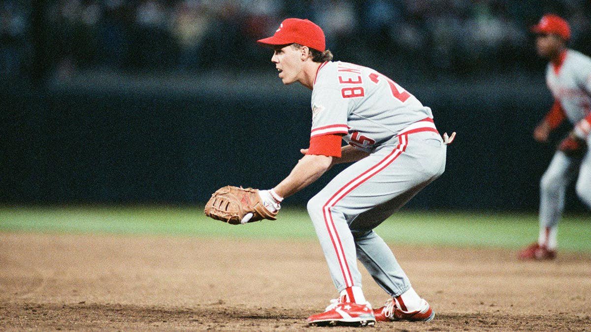 Todd Benzinger of the Cincinnati Reds stands during the 1990 World Series at Oakland-Alameda County Coliseum.