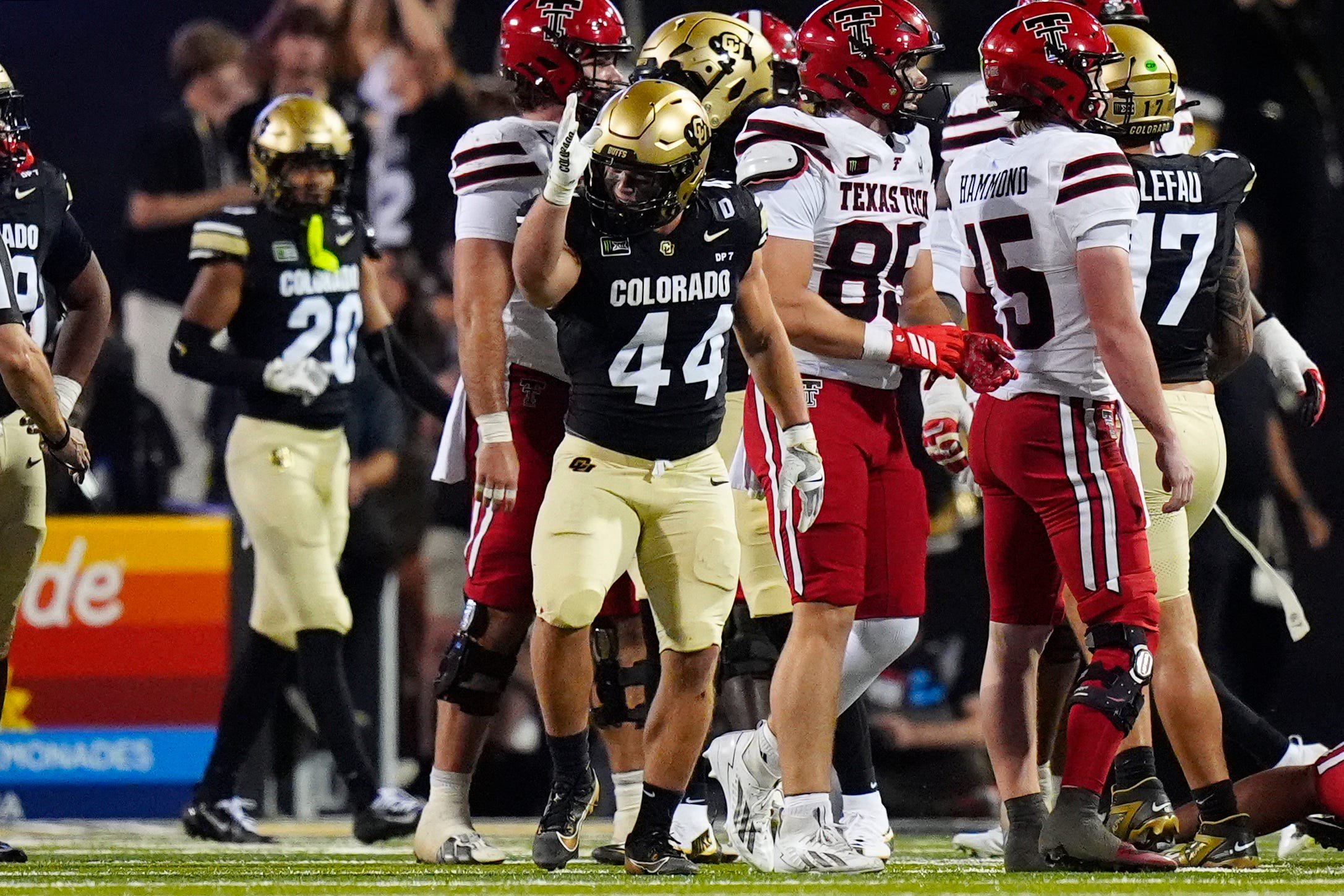Oct 3, 2026; Boulder, Colorado, USA;  Colorado Buffaloes linebacker Gideon Lampron (44) reacts to his play in the third quarter against the Texas Tech Red Raiders at Folsom Field.  Mandatory Credit: Ron Chenoy-Imagn Images