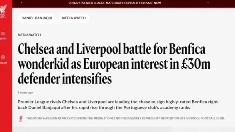 Site do Liverpool replica notícia sobre interesse em Banjaqui