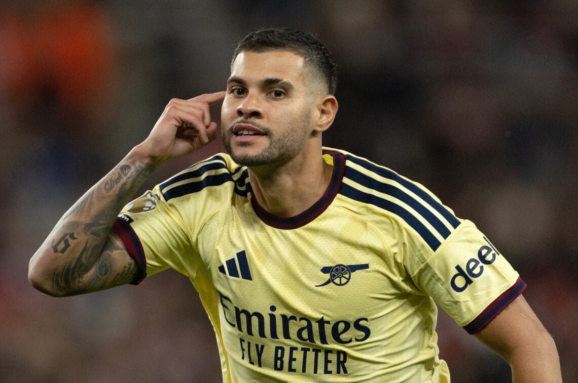Bruno Guimaraes celebrates after scoring for Arsenal vs Sunderland