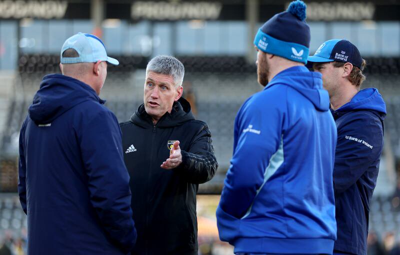 Ronan O’Gara with Leinster's Jacques Nienaber, Sean O’Brien and Tyler Bleyendaal before game in 2025. Photograph: James Crombie/Inpho
