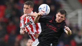 Stoke's Ethan Galbraith battles with Bristol City's Jason Knight at the Bet365 Stadium (24 October 2026)