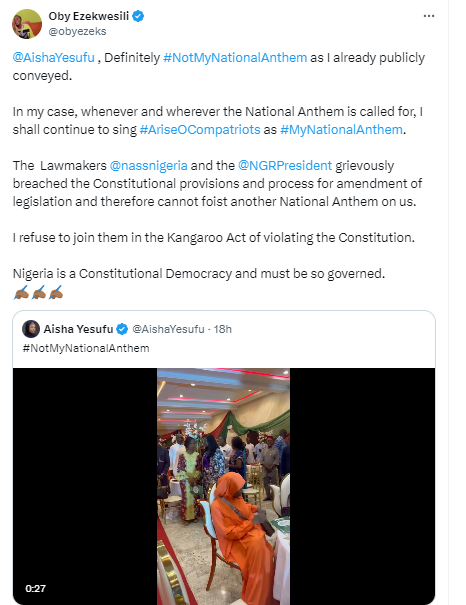 Oby Ezekwesili reacts to video of activist Aisha Yesufu sitting while the new National anthem was being sung at an event