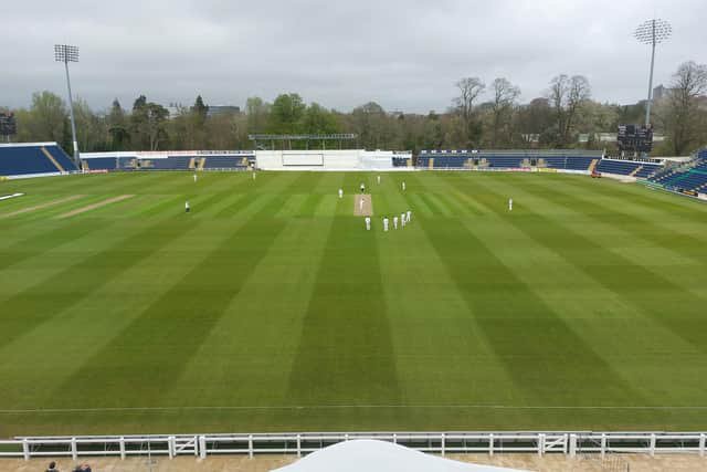Yorkshire in the field at Cardiff when play finally got going at 4.15pm. Picture: Chris Waters