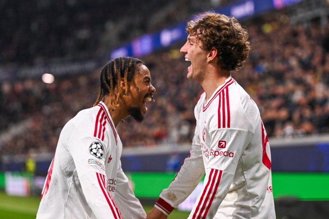 LINZ, AUSTRIA - OCTOBER 14: Lewis Koumas of Liverpool celebrates with Bradley Barcola (L) after scoring their team's sixth goal during the UEFA Champions League 2026/27 League Phase MD2 match between LASK and Liverpool FC at Ober??sterreich Arena on October 14, 2026 in Linz, Austria. (Photo by Liverpool FC/Liverpool FC via Getty Images)
