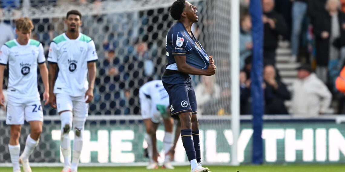 Kyrell Lisbie celebrates getting off the mark for Millwall against Lincoln City. 
Image: Keith Gillard