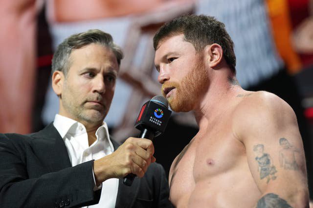 Canelo Alvarez (right) at the weigh-in for his fight with Terence Crawford