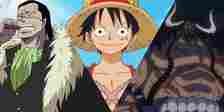 A split image shows Crocodile, Monkey D. Luffy, and Kaido from One Piece