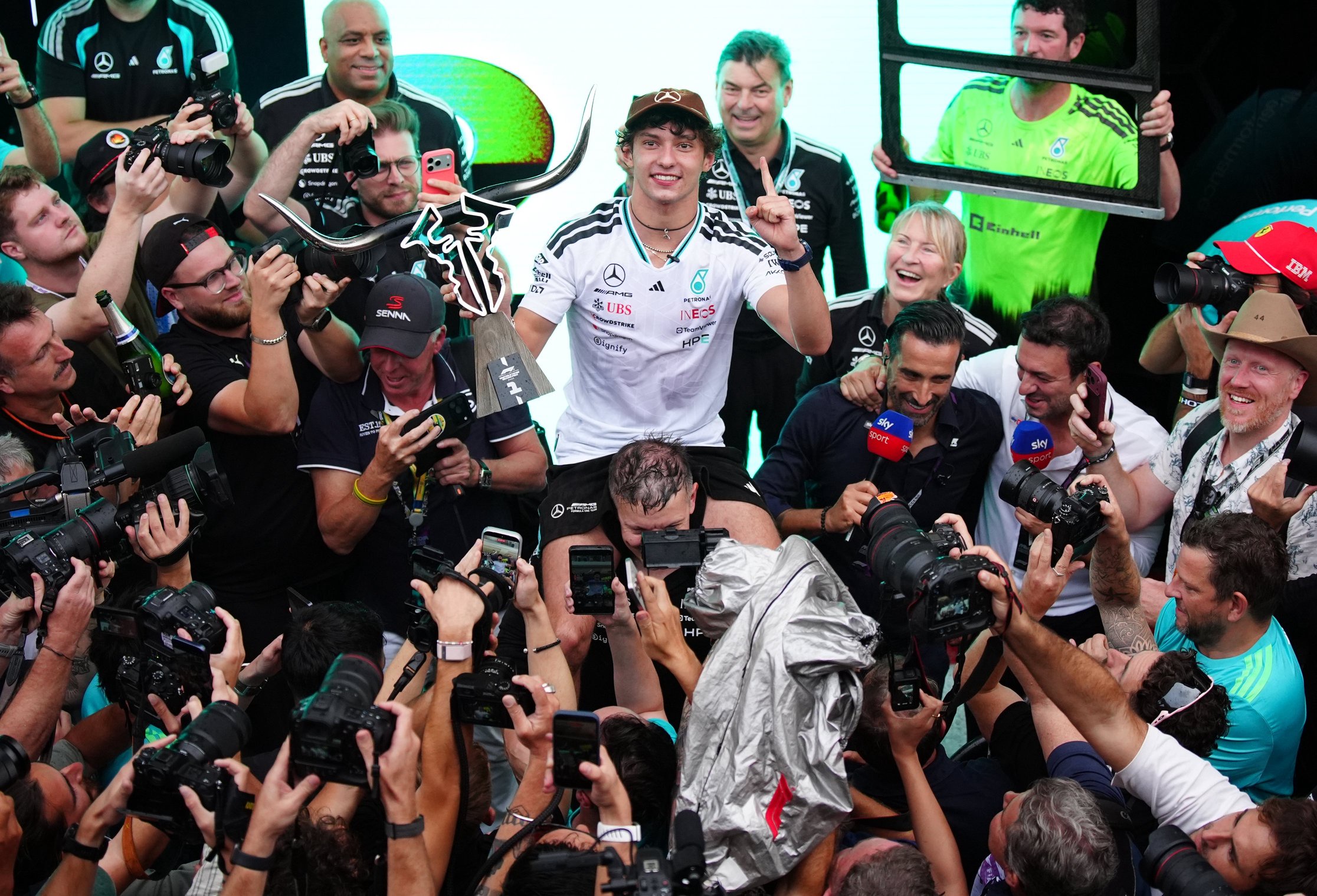 Antonelli celebrates his eighth win of the season to move to the brink of the title (Bradley Collyer/PA)