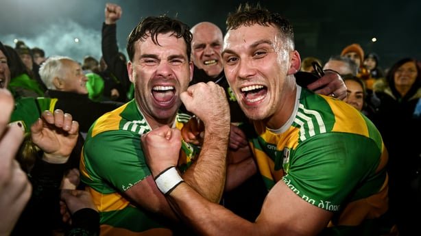 23 October 2026; Darren McCurry, left, and Conn Kilpatrick of Edenork St.Malachy's celebrate after winning the Tyrone County Senior Club Football Championship final replay match between Edendork St Malachy's and Errigal Ciarán at O'Neill's Healy Park in Omagh, Tyrone. Photo by David Fitzgerald/Sport