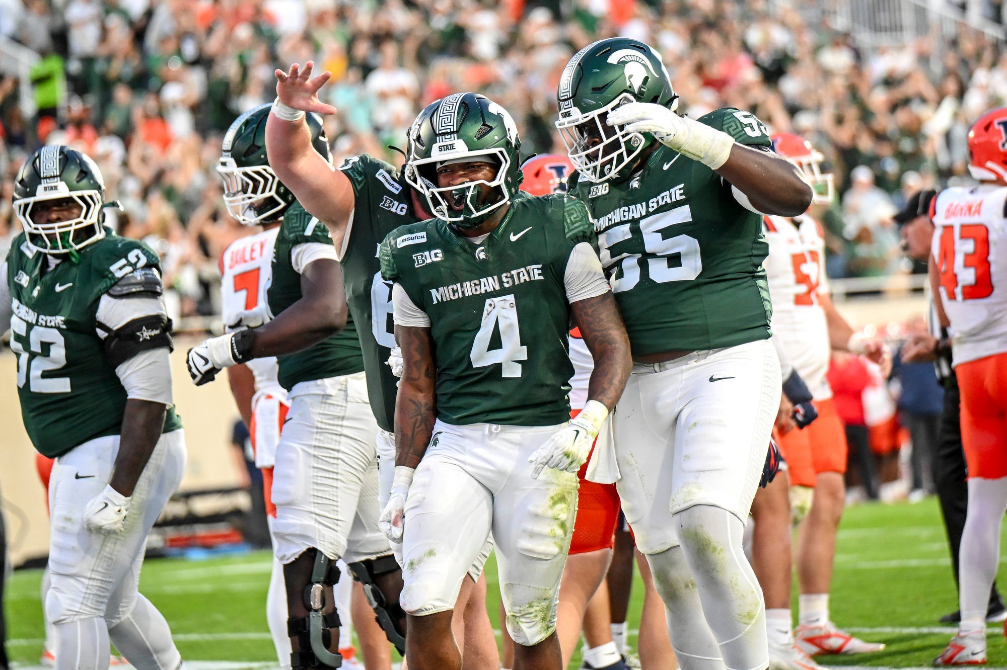 Michigan State’s Jaziun Patterson celebrates his touchdown against Illinois during the fourth quarter on Saturday, Oct. 10, 2026, at Spartan Stadium in East Lansing.