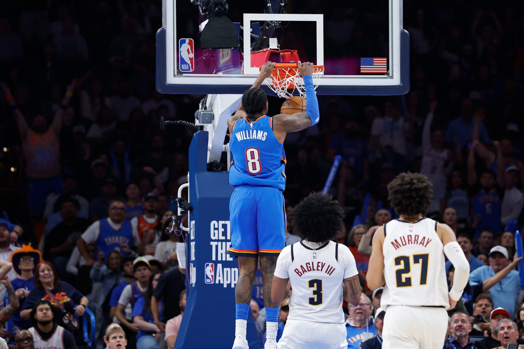 Oct 22, 2026; Oklahoma City, Oklahoma, USA; Oklahoma City Thunder guard Jalen Williams (8) dunks against the Denver Nuggets during the second half at Paycom Center. Mandatory Credit: Alonzo Adams-Imagn Images