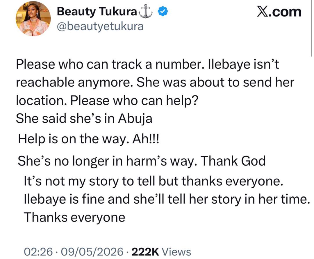 Ilebaye is no longer in harm?s way. She is fine and will tell her story in her time- BBNaija star, Beauty Tukura gives update