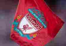The official Liverpool FC club badge on a corner flag during the Premier League match between Liverpool FC and Fulham FC at Anfield on May 3, 2023 ...