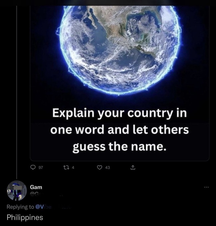 Person says explain your country in one word and let others guess the name and someone says Philippines