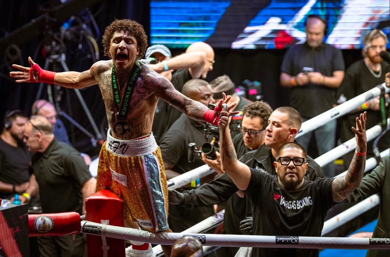 Amado Vargas celebrates with his dad after a BKB Bare Knuckle fight