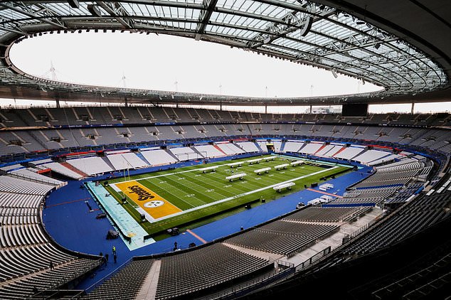 A general view of the Stade de France with NFL field marking on Thursday, Oct. 22, 2026, in Saint-Denis, north of Paris, ahead of Sunday's game between the Pittsburgh Steelers and the New Orleans Saints. (AP Photo/Greg Payan)