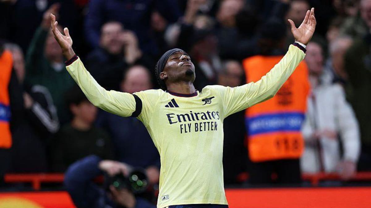Noni Madueke celebrates scoring for Arsenal at Nottingham Forest