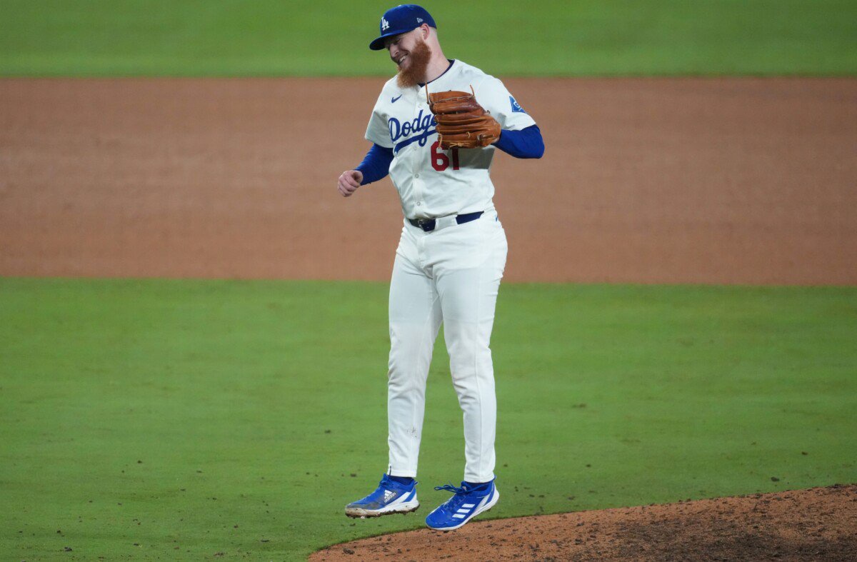 Oct 27, 2025; Los Angeles, California, USA; Los Angeles Dodgers pitcher Will Klein reacts after the seventeenth inning against the Toronto Blue Jays in game three of the 2025 MLB World Series at Dodger Stadium. Mandatory Credit: Kirby Lee-Imagn Images