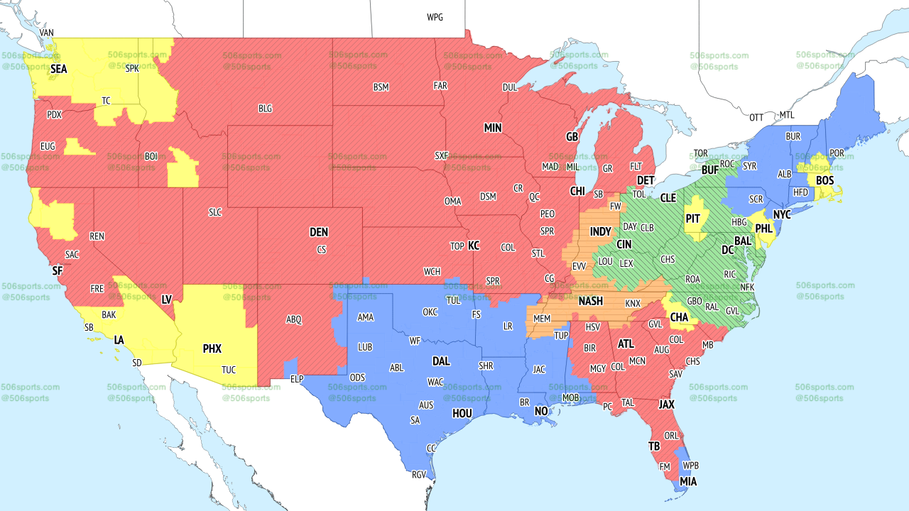 An NFL Week 6 coverage map of Fox's slate of games, courtesy of 506 Sports.