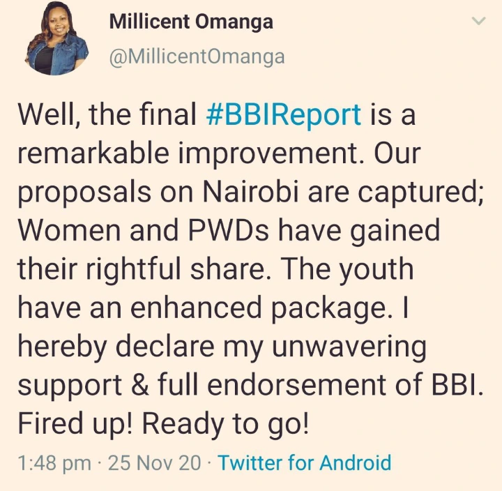 Viral Twitter post made through nominated Senator Millicent Omanga's Twitter Account