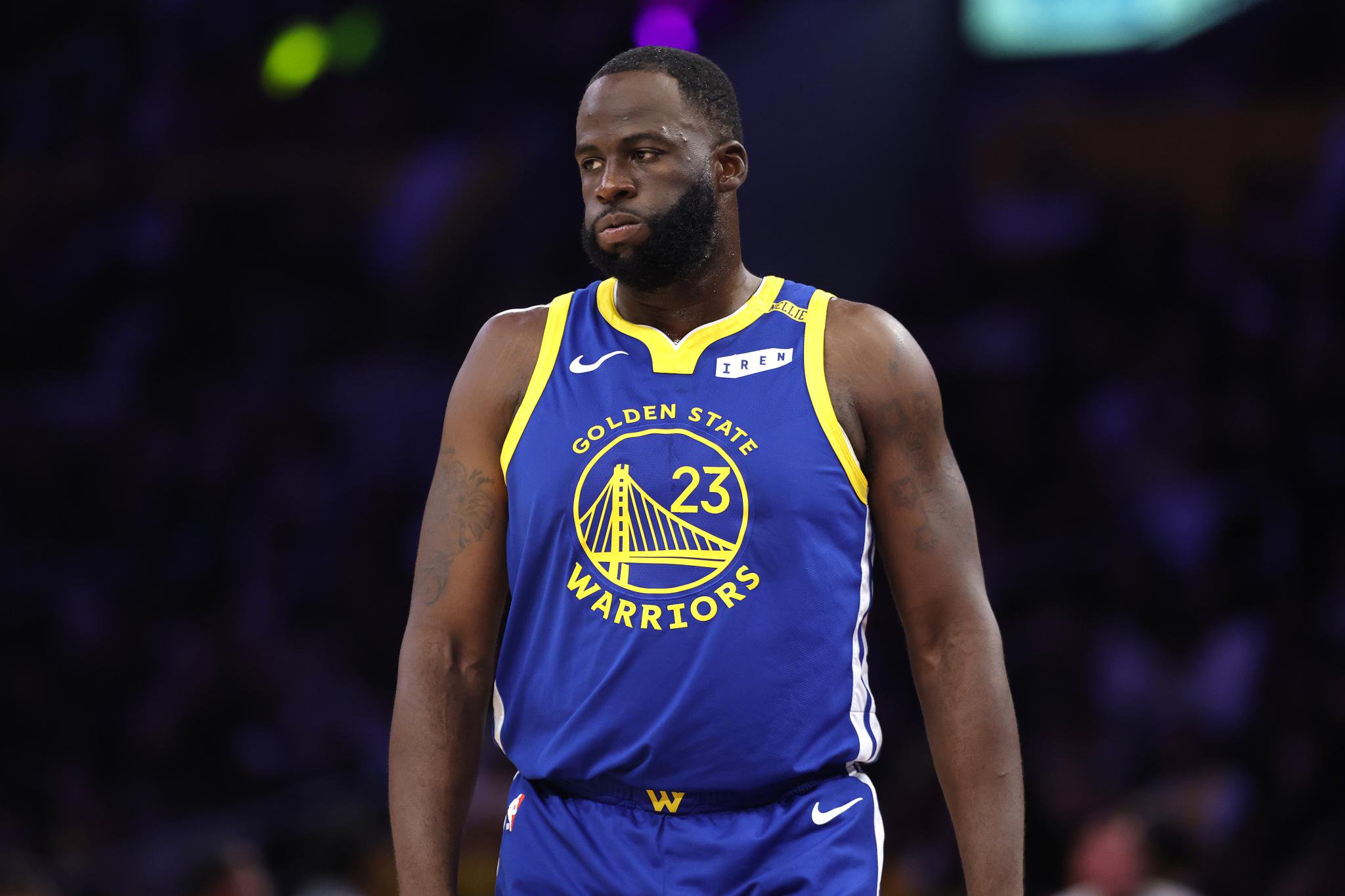 Draymond Green #23 of the Golden State Warriors looks on during the first half of a game against the Los Angeles Lakers at Crypto.com Arena in Los Angeles, California, Wednesday, October 21, 2026.