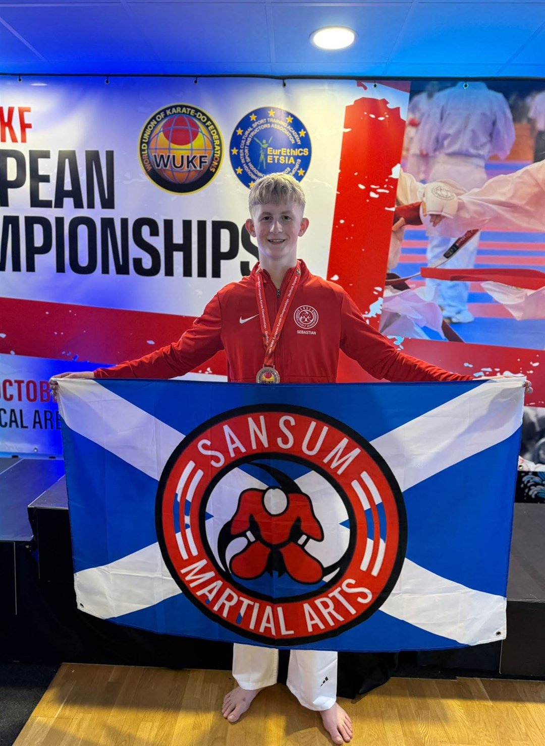 Sebastian Sansum with his European karate championships bronze medal.