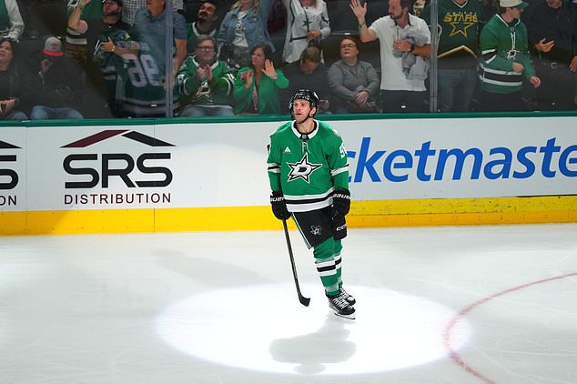 Dallas Stars right wing Mikko Rantanen looks on after scoring a goal against the Boston Bruins during the third period of an NHL hockey game Tuesday, Oct. 20, 2026, in Dallas. (AP Photo/Julio Cortez)