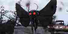 Mothman creature from Fallout 76, red-eyed and hovering. 