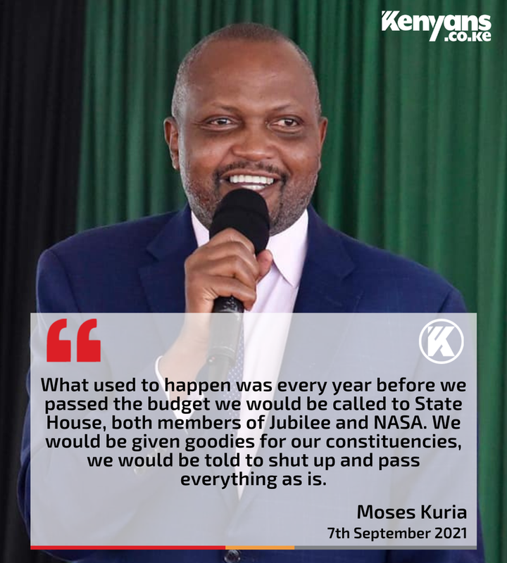 May be an image of 1 person and text that says 'Kenyans .cO.KE " What used to happen was every year before we passed the budget we would be called to State House, both members of Jubilee and NASA. We would be given goodies for our constituencies, we would be told to shut up and pass everything as is. Moses Kuria 7th September 2021'