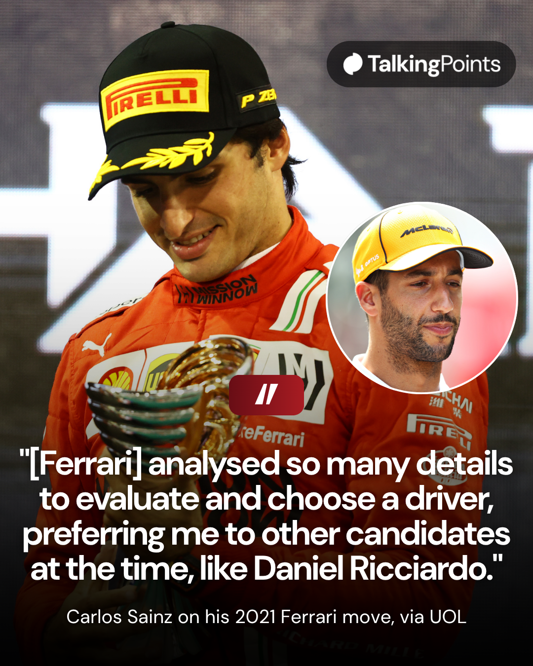 Carlos Sainz on the podium for Ferrari in 2021; inset of Daniel Ricciardo in McLaren gear