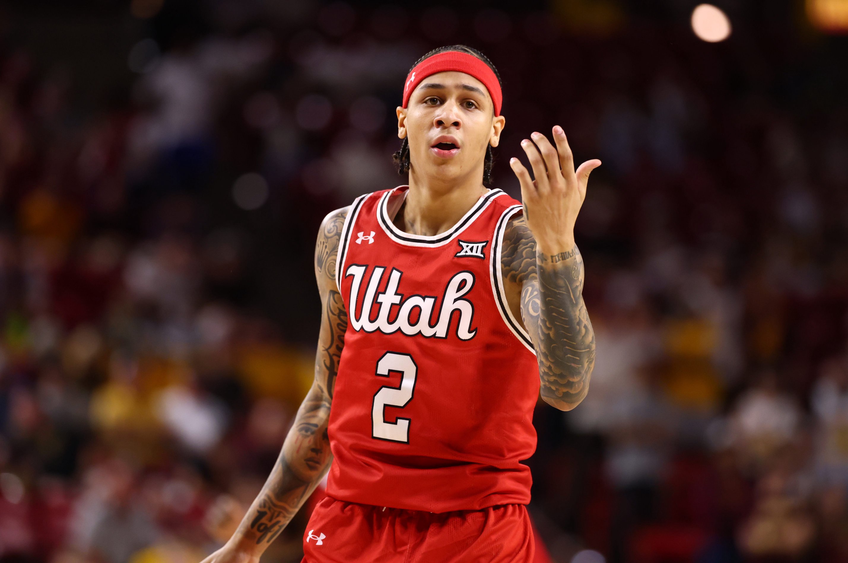 Feb 28, 2026; Tempe, Arizona, USA; Utah Utes guard Terrence Brown (2) against the Arizona State Sun Devils at Desert Financial Arena. Mandatory Credit: Mark J. Rebilas-Imagn Images