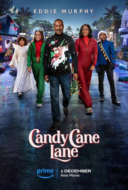 "Candy Cane Lane," a holiday comedy from Eddie Murphy (C), is coming to Prime Video.  Photo courtesy of Prime Video