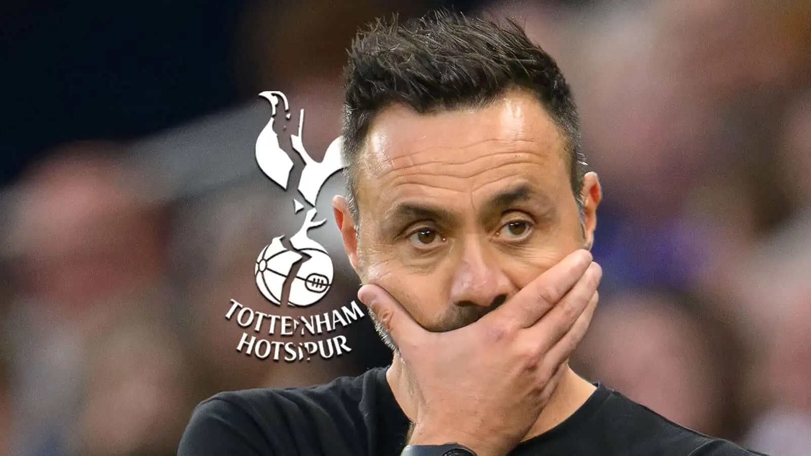 Tottenham Hotspur manager Roberto de Zerbi next to the club badge with a crack running through it