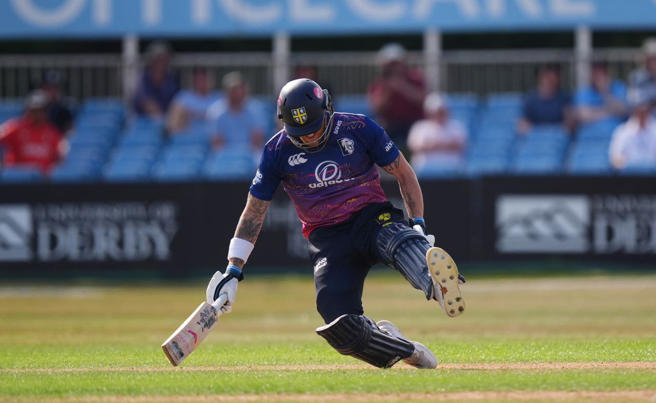 Durham’s Ben Stokes goes down with cramp against Derbyshire