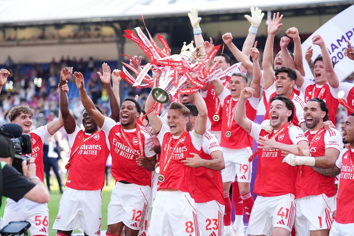 Arsenal's Martin Odegaard lifts the Premier League trophy after the Premier League match at Selhurst Park, London. Picture date: Sunday May 24, 2026.