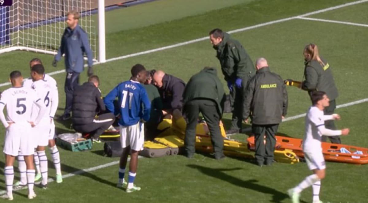 Emiliano Martinez was loaded onto a stretcher after the sickening collision