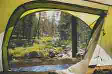 A view of trees through the opening of a tent in Sequoia National Park, California