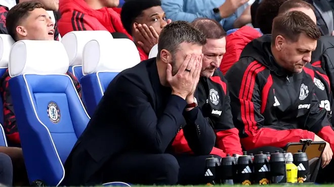 Michael Carrick, Manager of Manchester United, reacts during the Premier League 2026/27 match between Chelsea FC and Manchester United