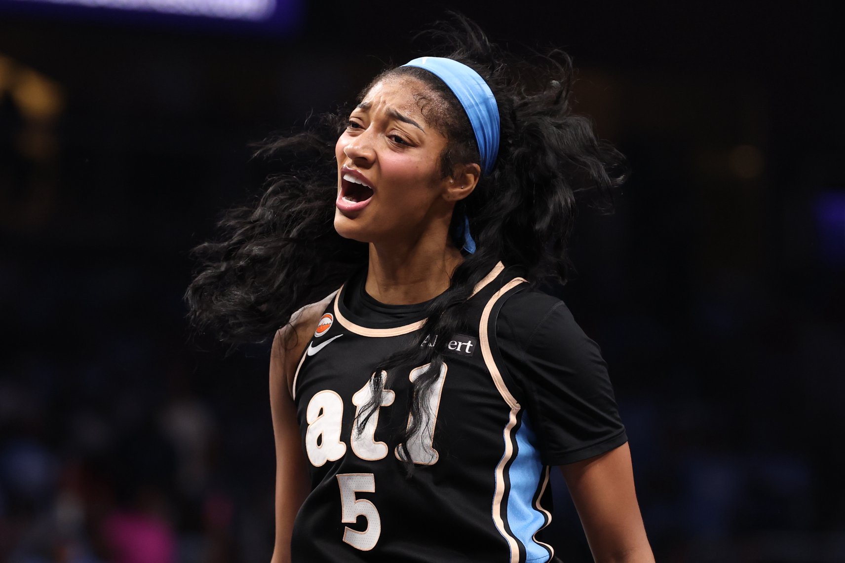 ATLANTA, GEORGIA - Angel Reese of the Atlanta Dream reacts during the second quarter in game three of the WNBA Finals against the Golden State Valkyries. (Photo by Kevin C. Cox/Getty Images)