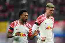 Loïs Openda and Benjamin Sesko of Leipzig looks dejected during the Bundesliga match between RB Leipzig and Eintracht Frankfurt at Red Bull Arena o...