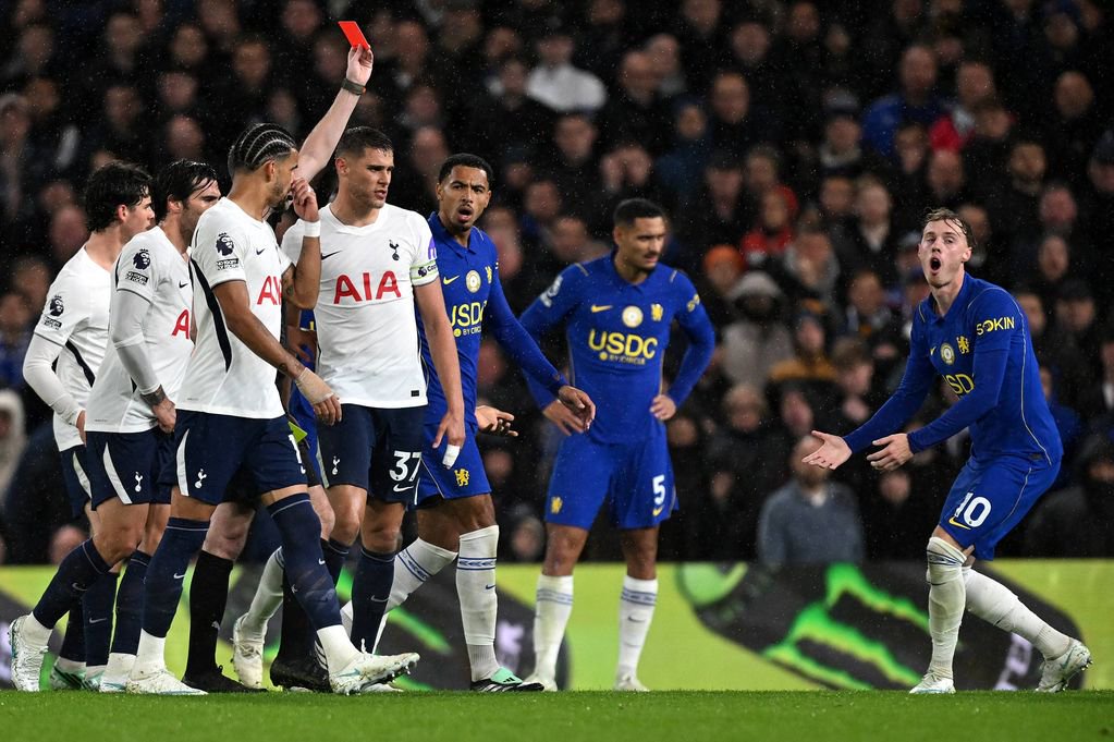 Cole Palmer of Chelsea reacts after being sent off