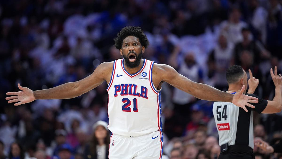 Philadelphia 76ers' Joel Embiid reacting after a foul call during NBA playoff game