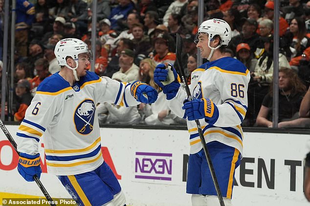 Buffalo Sabres center Noah Östlund (86) celebrates his goal with left wing Zach Benson during the first period of an NHL hockey game against the Anaheim Ducks Thursday, Oct. 29, 2026, in Anaheim, Calif. (AP Photo/Gregory Bull)