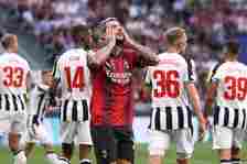 Theo Hernandez (AC Milan defender) upset for missing a good play in the first half during soccer game match AC Milan vs Newcastle United - UEFA Cha...