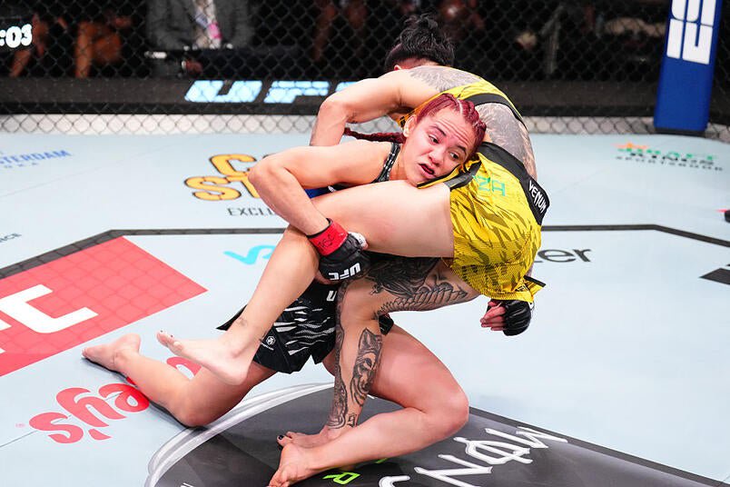 LAS VEGAS, NEVADA - AUGUST 02: (L-R) Piera Rodriguez of Venezuela takes down Ketlen Souza of Brazil in a flyweight fight during the UFC Fight Night event at UFC APEX on August 02, 2025 in Las Vegas, Nevada. (Photo by Chris Unger/Zuffa LLC)